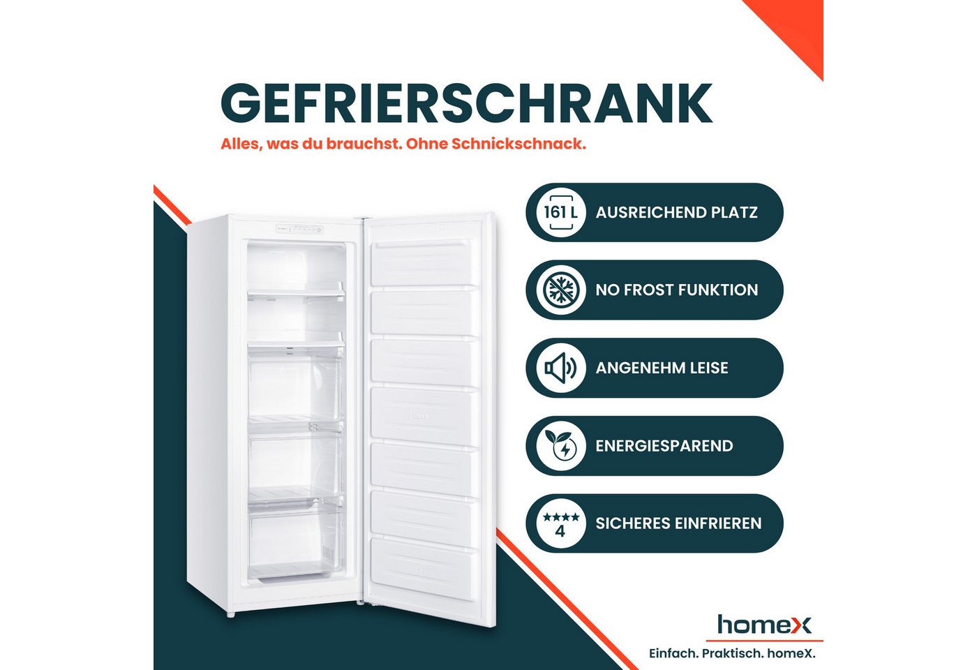 homeX Gefrierschrank FSN1611E-W, 143 cm hoch, 54 cm breit, No Frost, 161 Liter, Tiefkühlschrank groß, Freezer, 4-Sterne Gefrieren – Bild 2 von 5