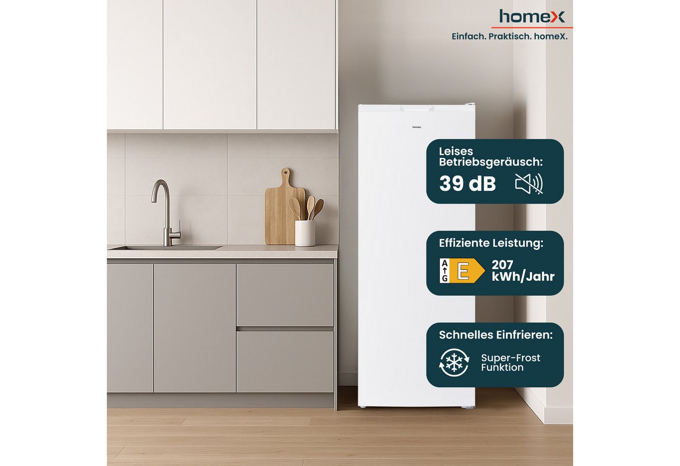 homeX Gefrierschrank FSN1611E-W, 143 cm hoch, 54 cm breit, No Frost, 161 Liter, Tiefkühlschrank groß, Freezer, 4-Sterne Gefrieren – Bild 5 von 5