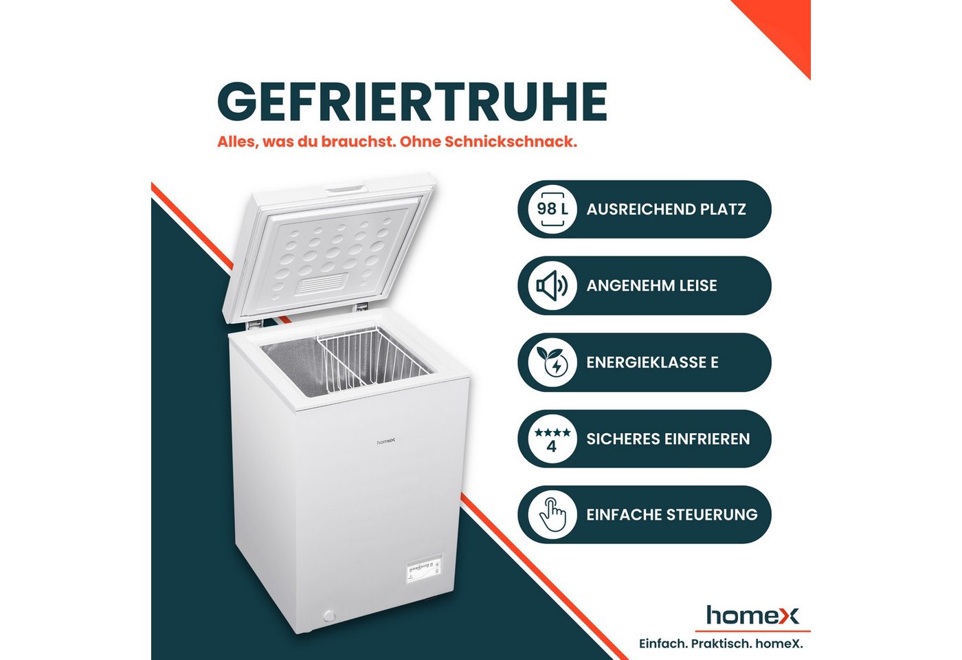 homeX Gefriertruhe FT0981-W, 54.5 cm breit, 98 l, Tiefkühltruhe klein, 98 Liter, Kühltruhe inkl. Ablagekorb, leise – Bild 2 von 5