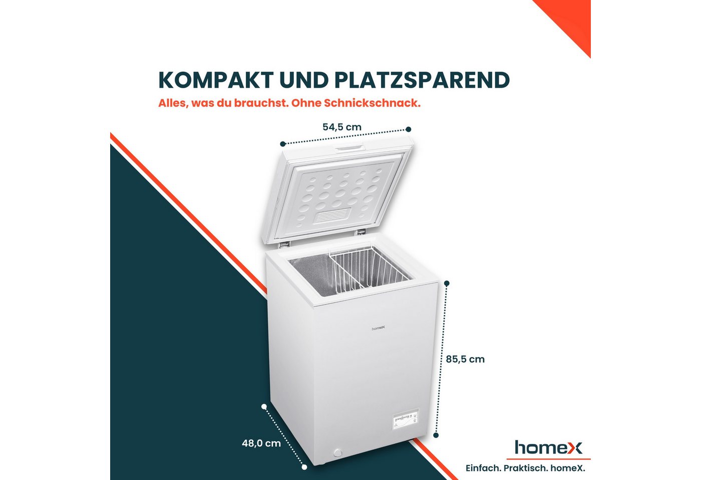 homeX Gefriertruhe FT0981-W, 54.5 cm breit, 98 l, Tiefkühltruhe klein, 98 Liter, Kühltruhe inkl. Ablagekorb, leise – Bild 3 von 5