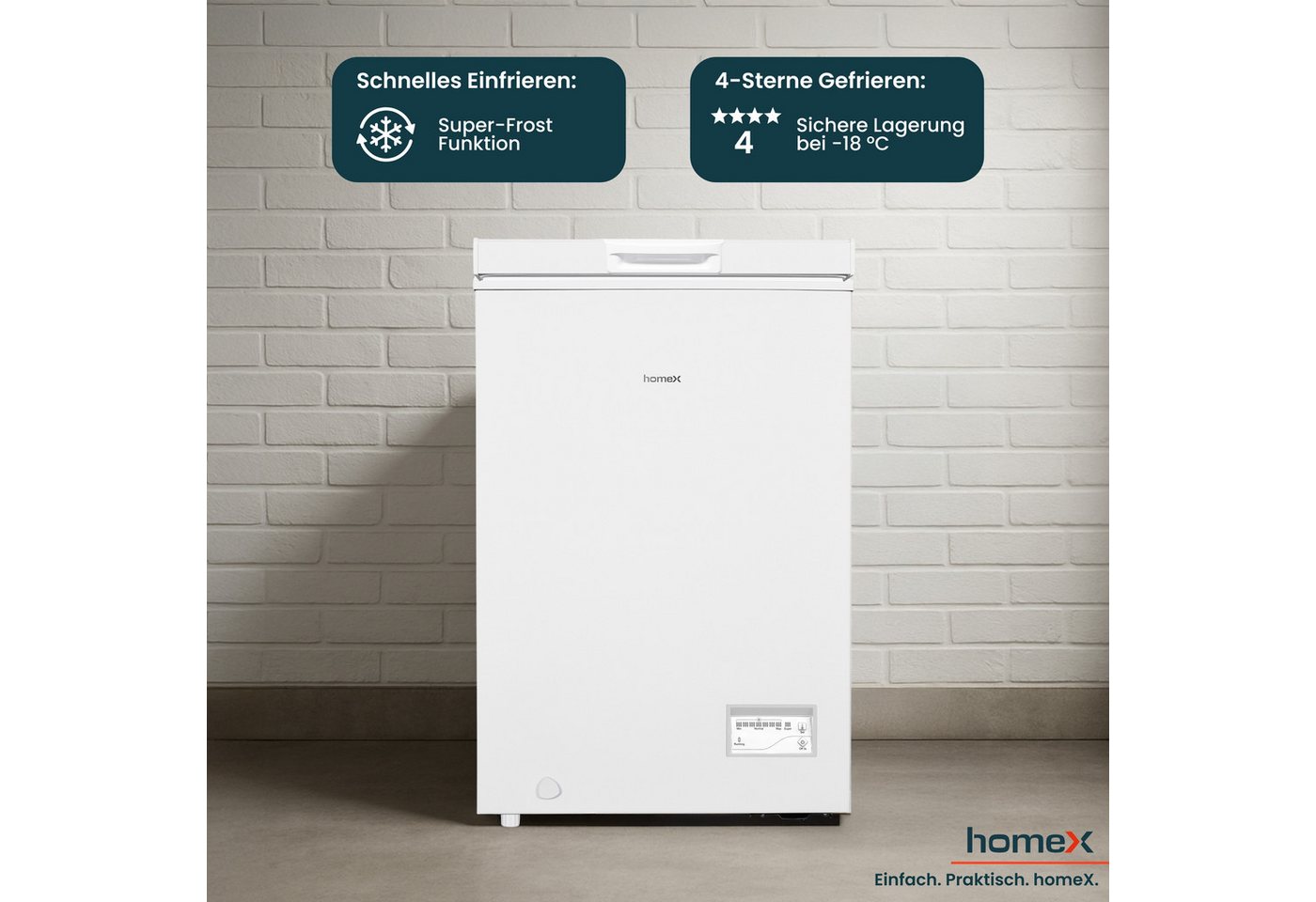 homeX Gefriertruhe FT0981-W, 54.5 cm breit, 98 l, Tiefkühltruhe klein, 98 Liter, Kühltruhe inkl. Ablagekorb, leise – Bild 4 von 5