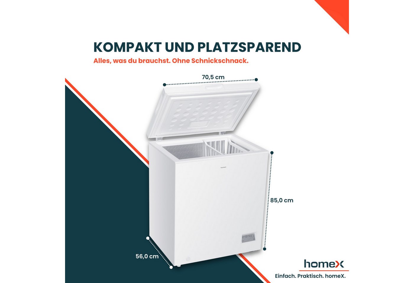 homeX Gefriertruhe FT1421-W, 70.5 cm breit, 142 l, Tiefkühltruhe klein, 142 Liter, Kühltruhe inkl. Ablagekorb, leise – Bild 3 von 5