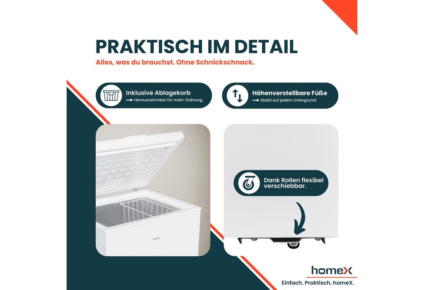 homeX Gefriertruhe FT1421-W, 70.5 cm breit, 142 l, Tiefkühltruhe klein, 142 Liter, Kühltruhe inkl. Ablagekorb, leise – Bild 5 von 5
