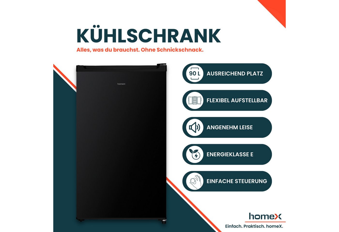 homeX Kühlschrank CS0881-B, 85 cm hoch, 47.5 cm breit, 90 Liter, Vollraumkühlschrank ohne Gefrierfach, klein, freistehend – Bild 2 von 5
