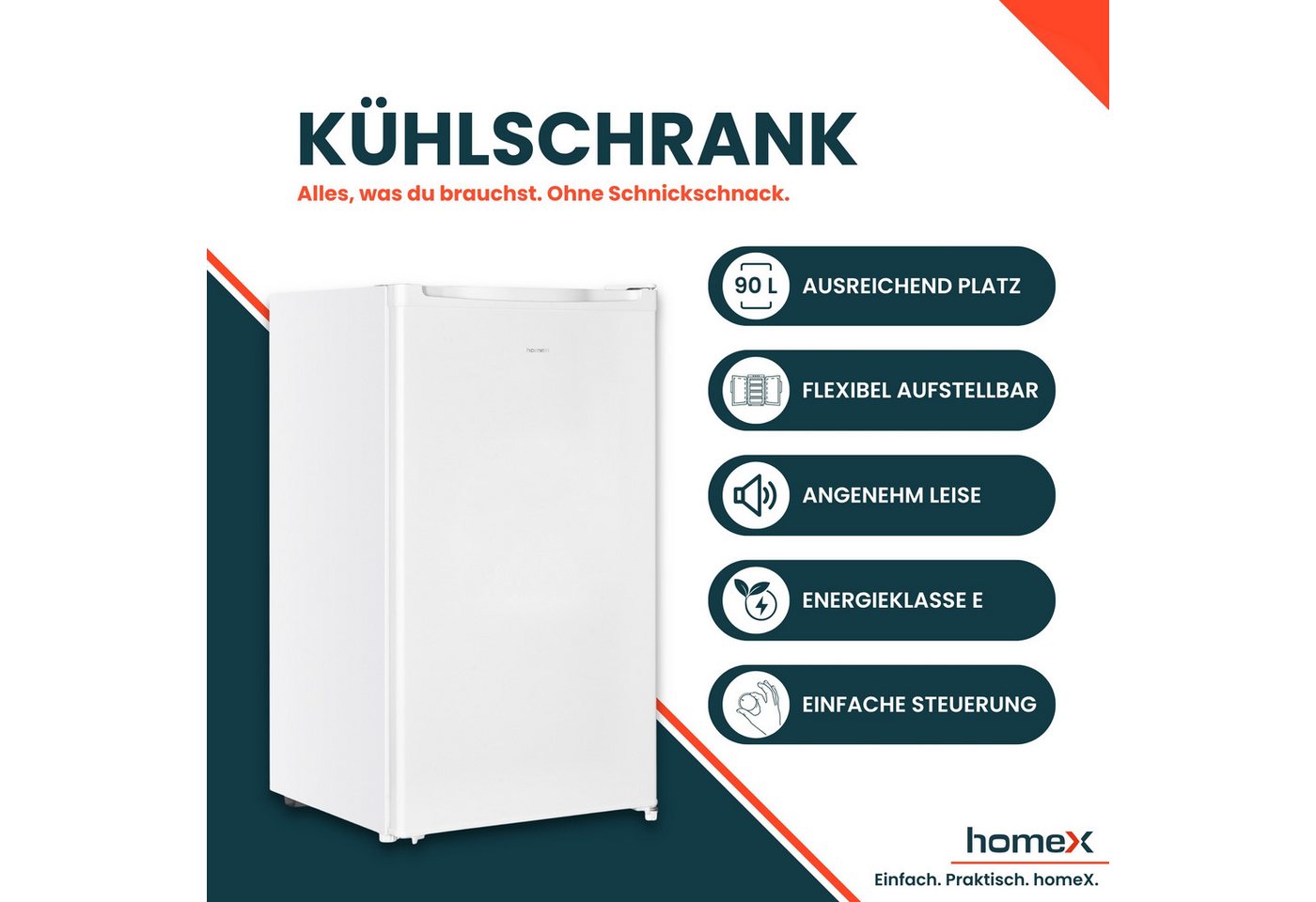 homeX Kühlschrank CS0881-W, 85 cm hoch, 47.5 cm breit, 90 Liter, Vollraumkühlschrank ohne Gefrierfach, klein, freistehend – Bild 2 von 5