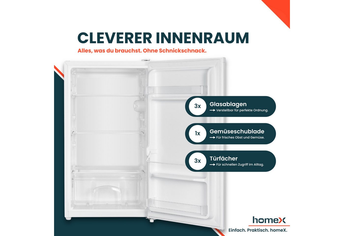 homeX Kühlschrank CS0881-W, 85 cm hoch, 47.5 cm breit, 90 Liter, Vollraumkühlschrank ohne Gefrierfach, klein, freistehend – Bild 4 von 5