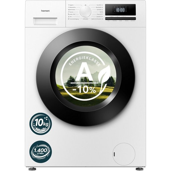 homeX Waschmaschine WF1014H1A-W, 10 kg, 1400 U/min, Frontlader 10kg, Dampffunktion, AquaStop, Inverter Motor, EEK A -10%