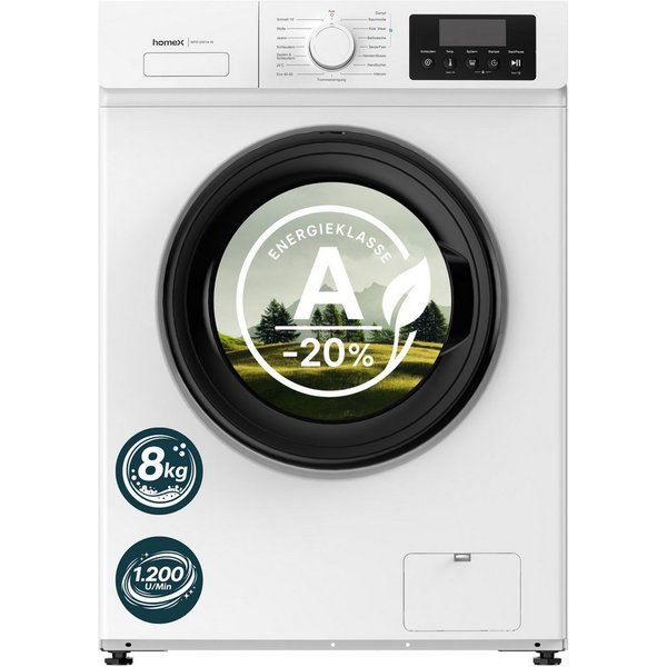 homeX Waschmaschine WF812W1A-W, 8 kg, 1200 U/min, Frontlader 8kg, 1.200 U/Min, Dampffunktion, Inverter Motor, EEK A -20%