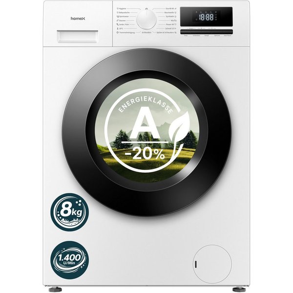 homeX Waschmaschine WF814H1A-W, 8 kg, 1400 U/min, Frontlader 8kg, Dampffunktion, AquaStop, Inverter Motor, EEK A -20%