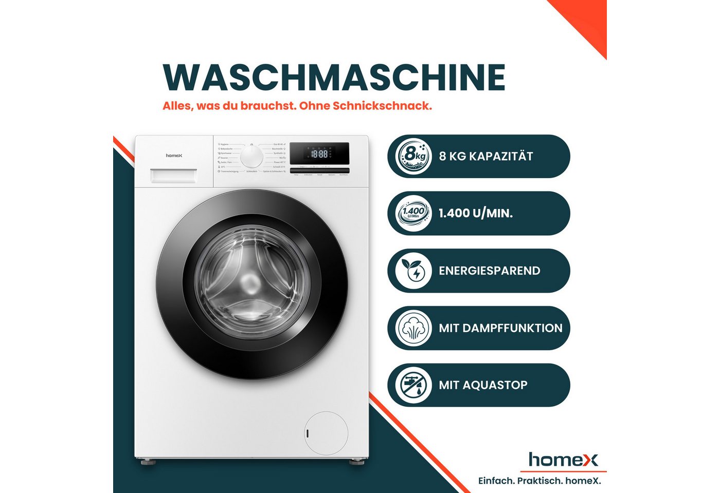 homeX Waschmaschine WF814H1A-W, 8 kg, 1400 U/min, Frontlader 8kg, Dampffunktion, AquaStop, Inverter Motor, EEK A -20% – Bild 2 von 5