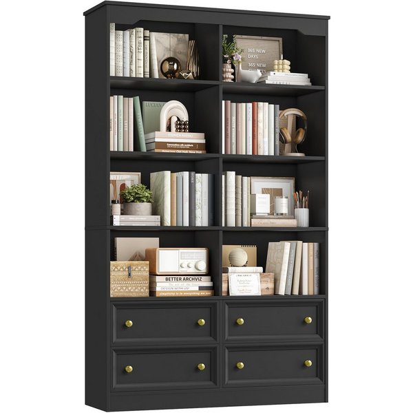 Homfa Bücherregal 180 cm Bücherschrank Hochschrank Mehrzweckschrank Standregal, mit 4 Schubladen und 8 Fächer groß holz 180x30x100cm, schwarz