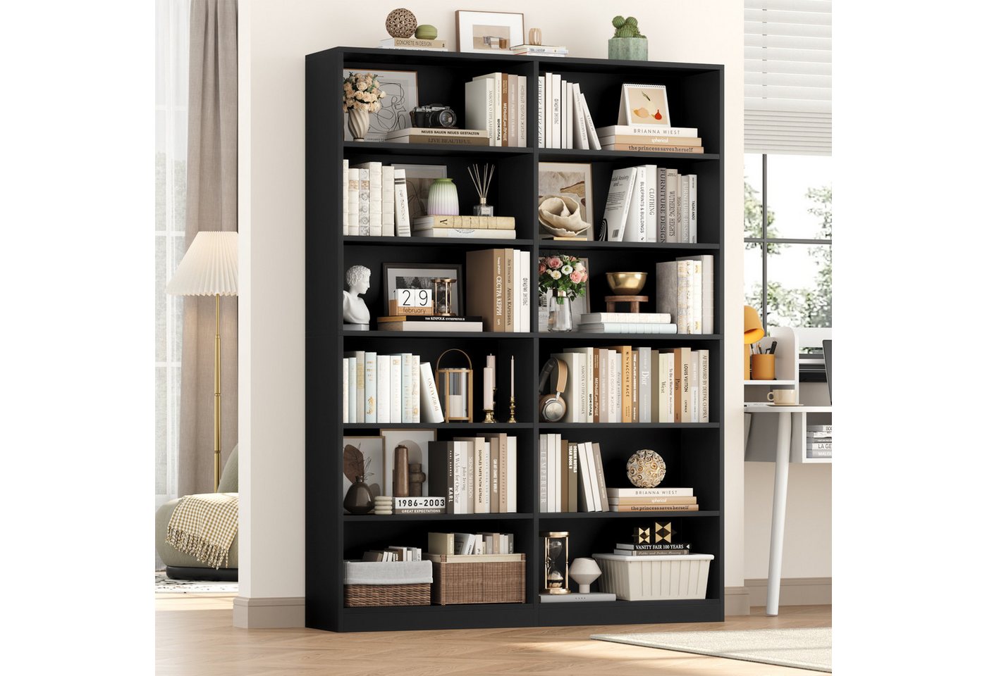 Homfa Bücherregal 188,7cm Standregal Büroregal Raumteiler, mit 12 Fächern, Holz, 120x30x188,7cm, Schwarz – Bild 2 von 5