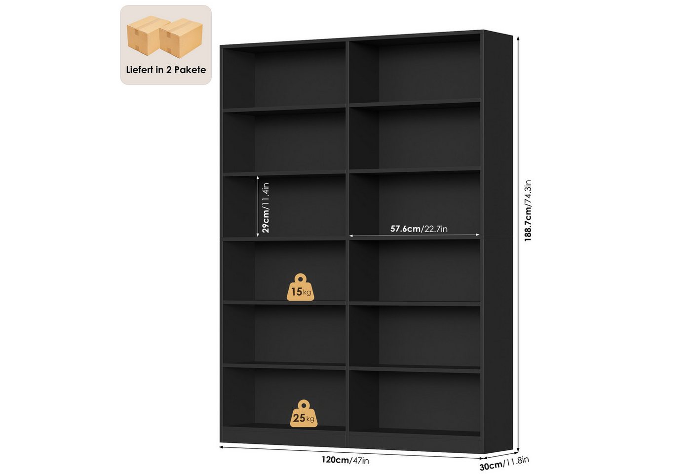 Homfa Bücherregal 188,7cm Standregal Büroregal Raumteiler, mit 12 Fächern, Holz, 120x30x188,7cm, Schwarz – Bild 3 von 5