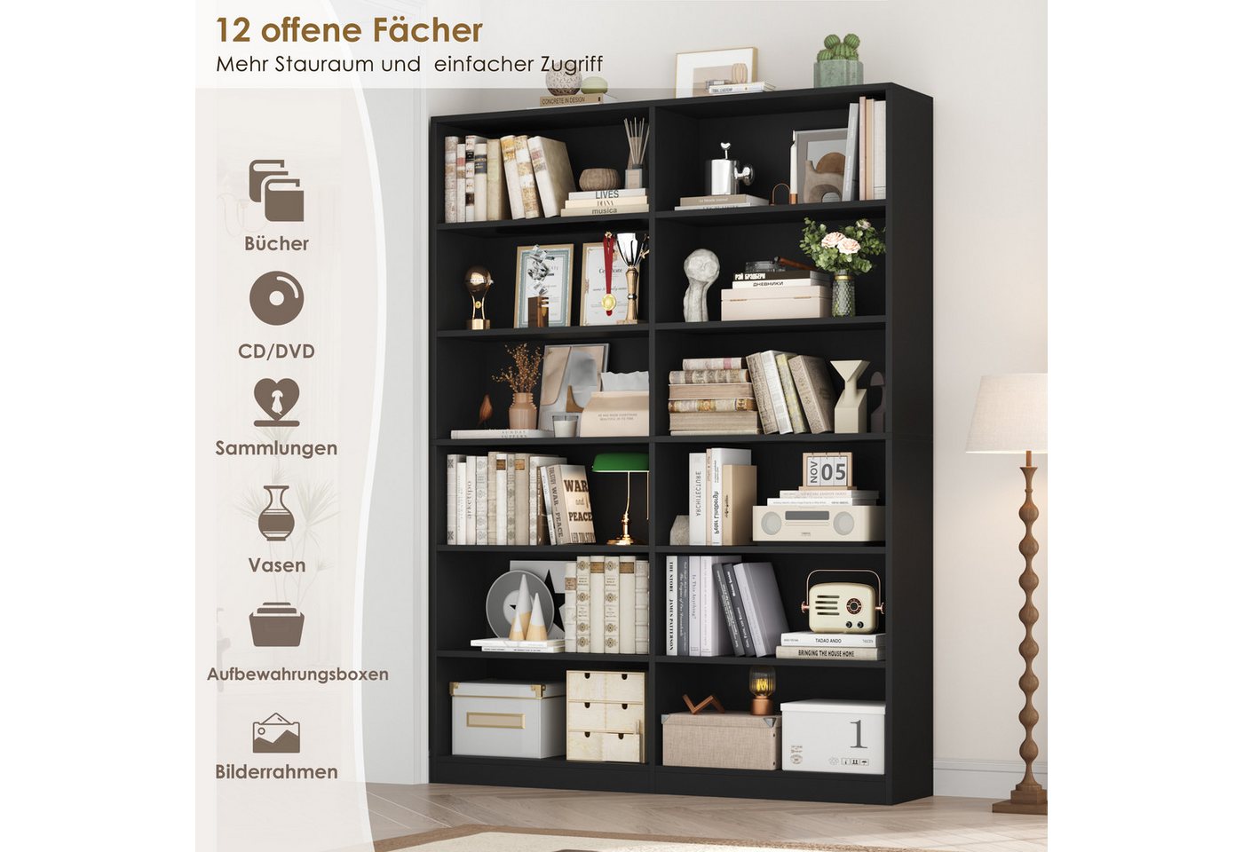 Homfa Bücherregal 188,7cm Standregal Büroregal Raumteiler, mit 12 Fächern, Holz, 120x30x188,7cm, Schwarz – Bild 5 von 5