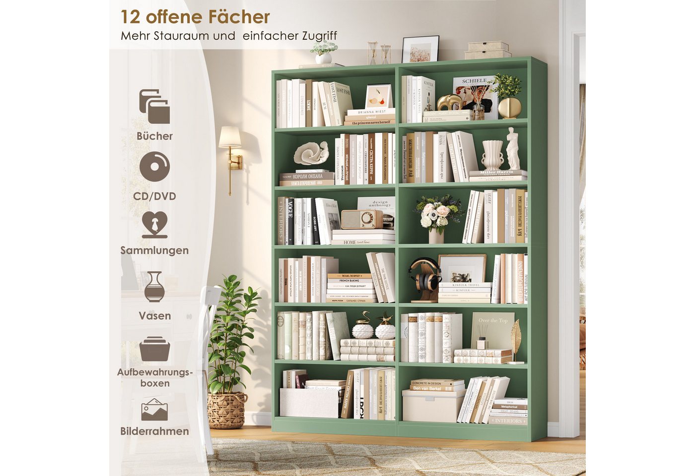 Homfa Bücherregal 188,7cm Standregal Büroregal Raumteiler, mit 12 Fächern, Holz, 120x30x188,7cm, Grün – Bild 5 von 5