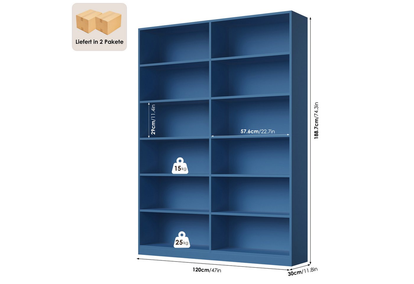 Homfa Bücherregal 188,7cm Standregal Büroregal Raumteiler, mit 12 Fächern, Holz, 120x30x188,7cm, Blau – Bild 3 von 5