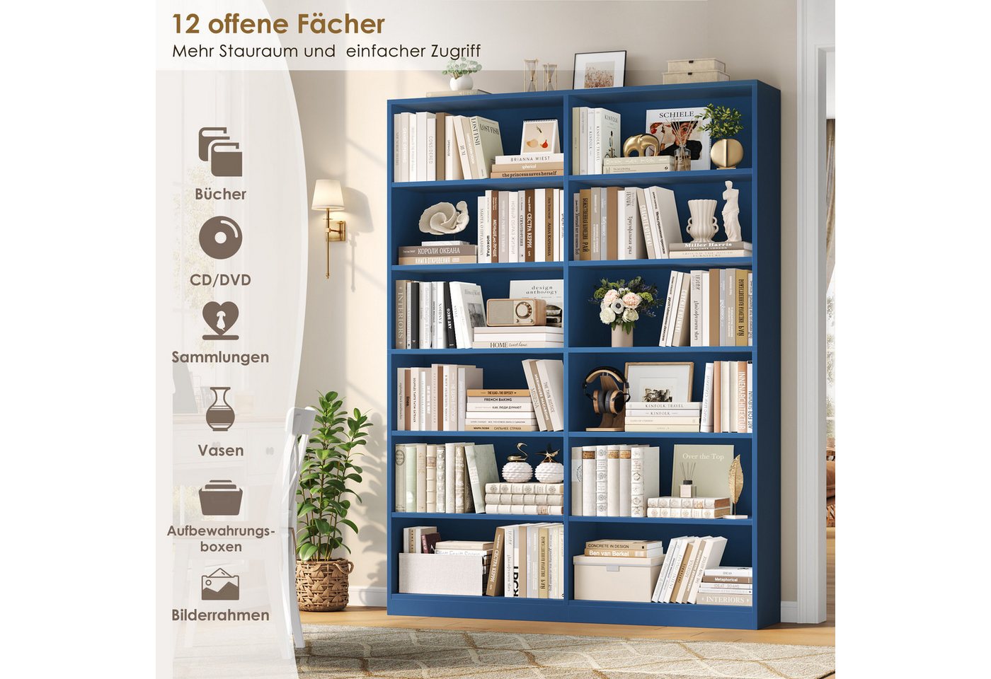Homfa Bücherregal 188,7cm Standregal Büroregal Raumteiler, mit 12 Fächern, Holz, 120x30x188,7cm, Blau – Bild 5 von 5