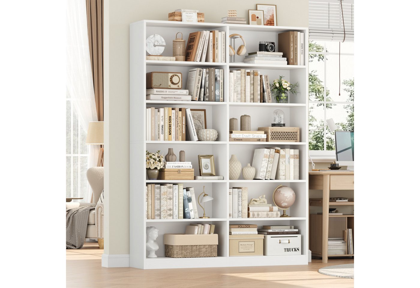 Homfa Bücherregal 188,7cm Standregal Büroregal Raumteiler, mit 12 Fächern, Holz, 120x30x188,7cm, Weiß – Bild 2 von 5
