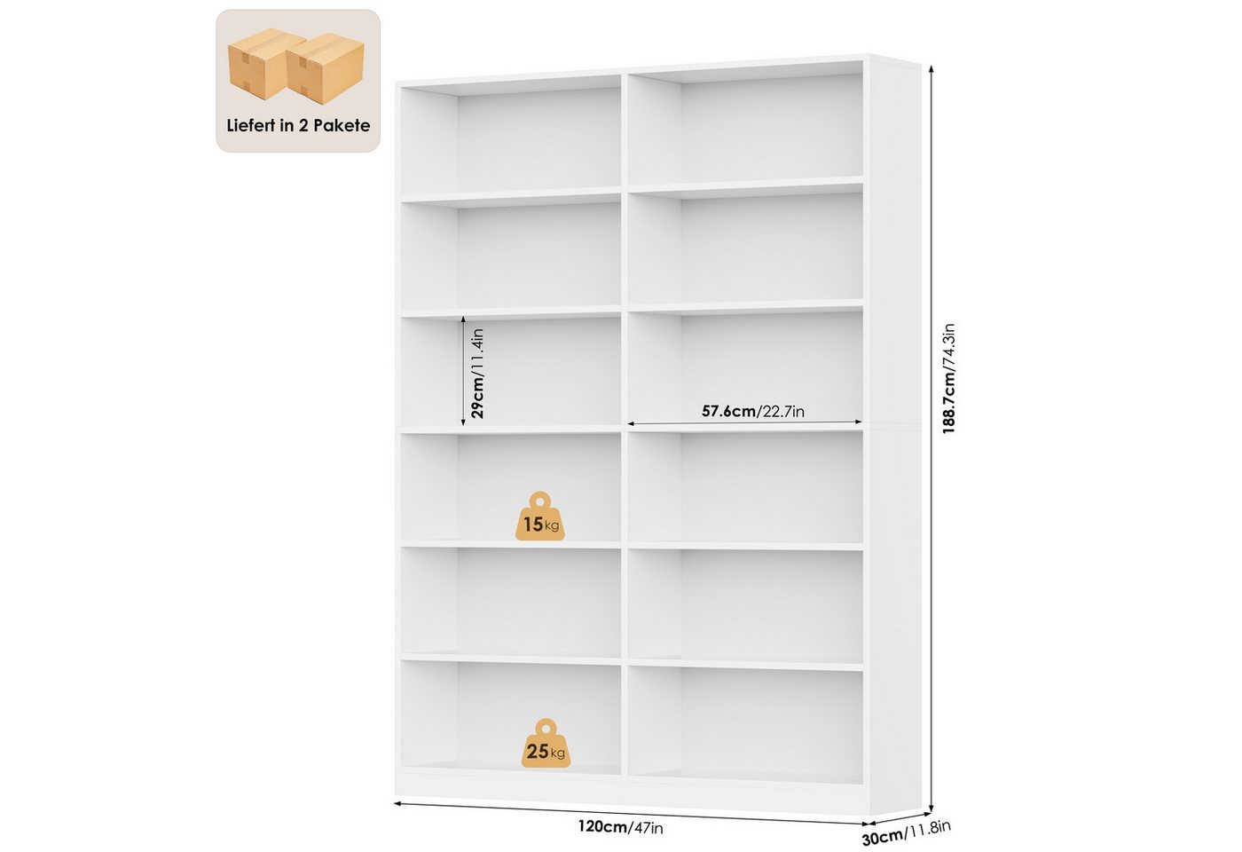 Homfa Bücherregal 188,7cm Standregal Büroregal Raumteiler, mit 12 Fächern, Holz, 120x30x188,7cm, Weiß – Bild 3 von 5