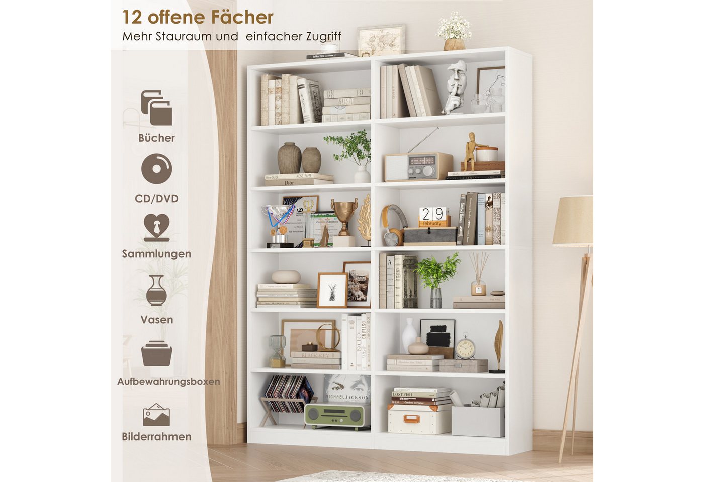 Homfa Bücherregal 188,7cm Standregal Büroregal Raumteiler, mit 12 Fächern, Holz, 120x30x188,7cm, Weiß – Bild 5 von 5