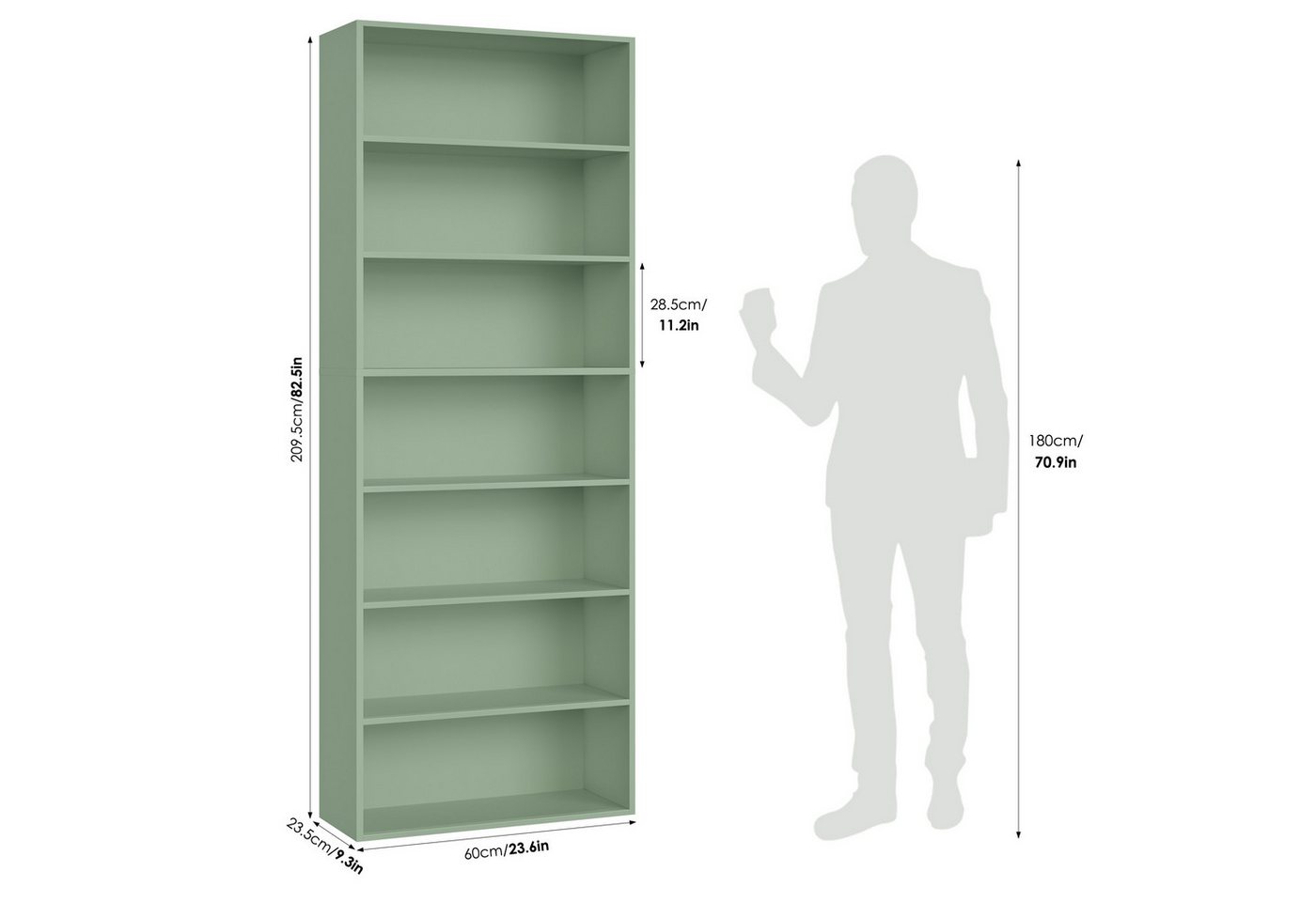 Homfa Bücherregal, 210cm Standregal, Bücherschrank mit 7 Fächern, grün – Bild 3 von 5