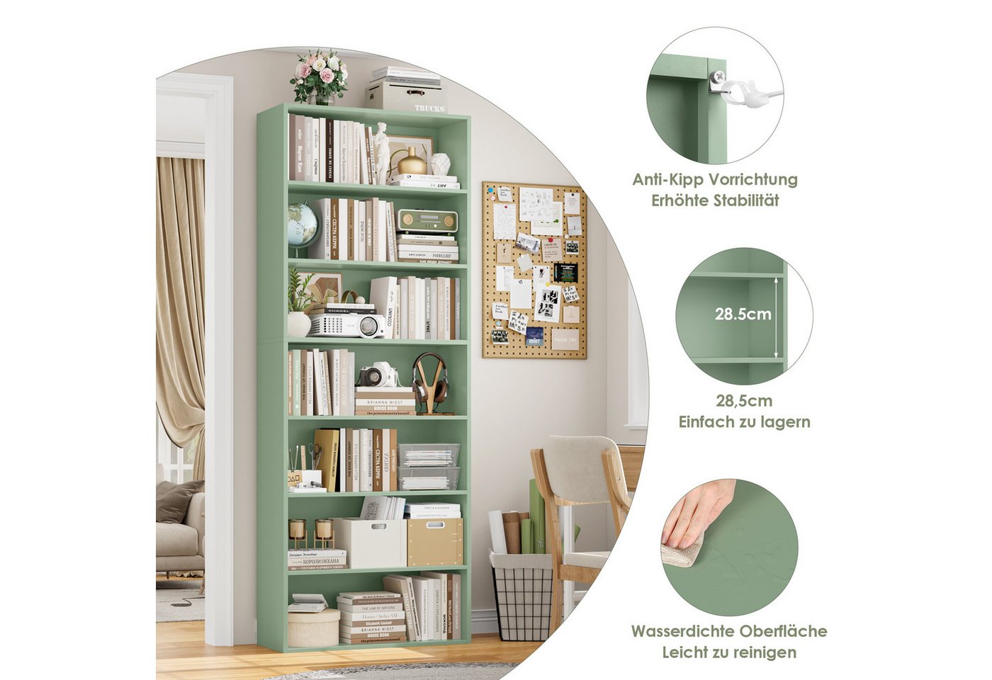 Homfa Bücherregal, 210cm Standregal, Bücherschrank mit 7 Fächern, grün – Bild 4 von 5