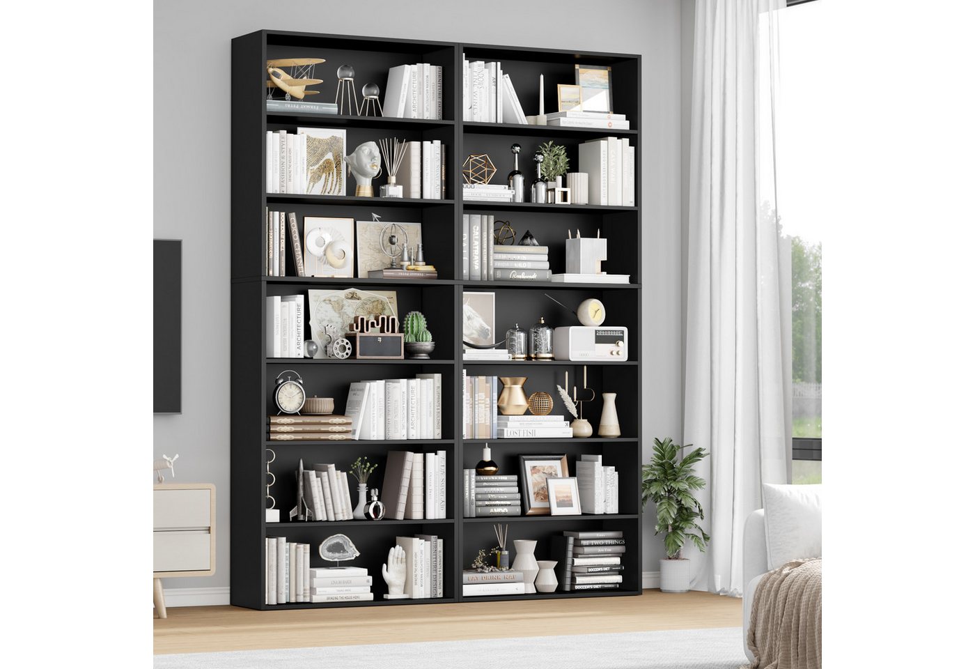 Homfa Bücherregal, 210cm Standregal, Bücherschrank mit 7 Fächern, schwarz – Bild 2 von 5