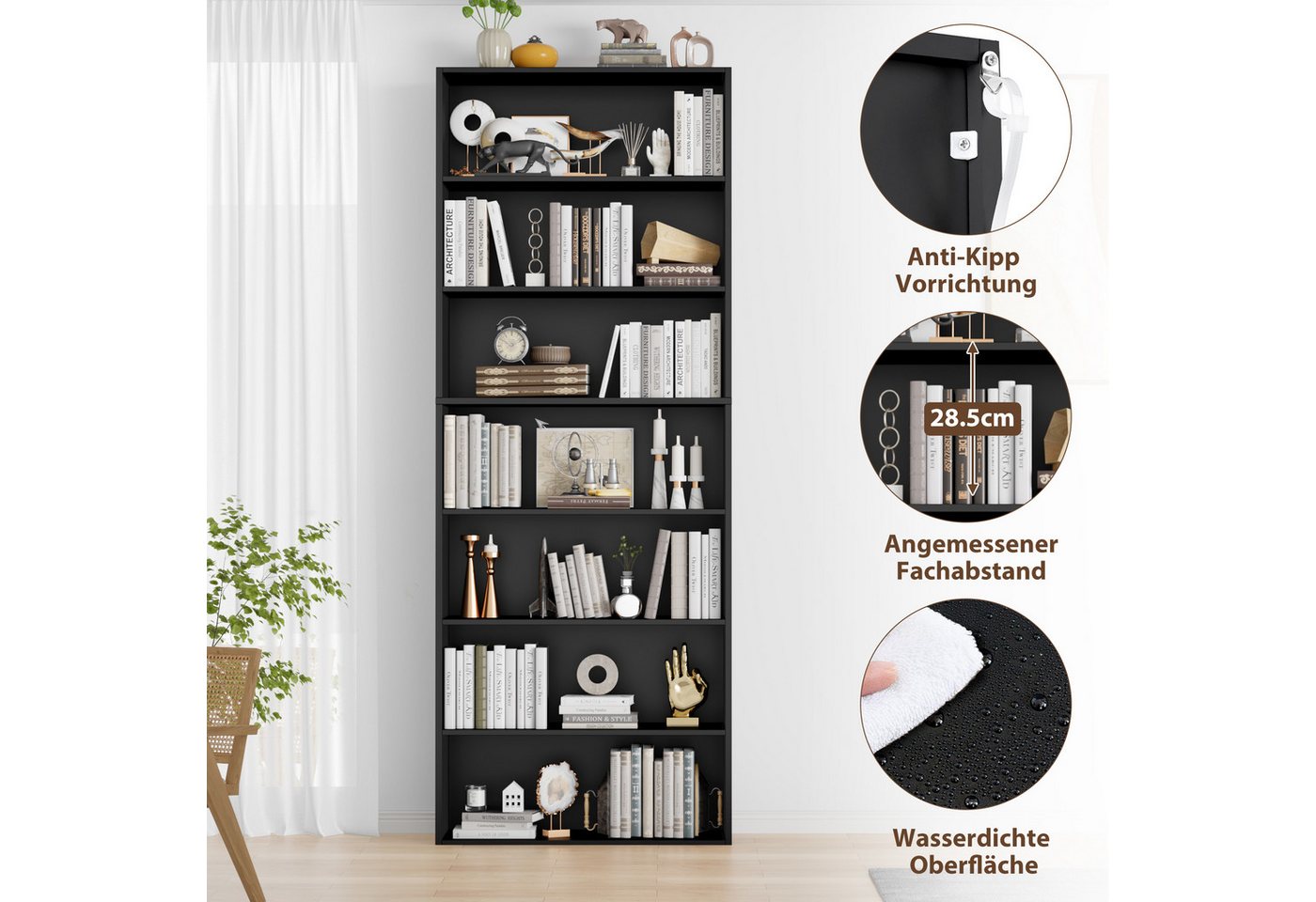 Homfa Bücherregal, 210cm Standregal, Bücherschrank mit 7 Fächern, schwarz – Bild 4 von 5