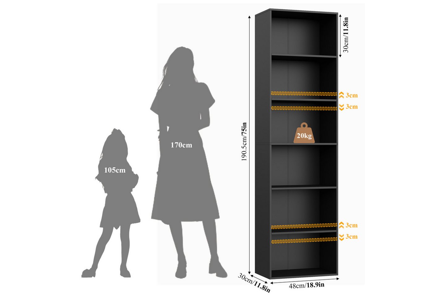Homfa Bücherregal Regal mit 6 Fächern, 190,5cm Bücherschrank Standregal, verstellbare Ablagen – Bild 3 von 5