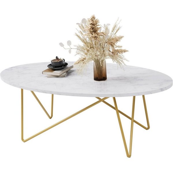 Homfa Couchtisch, Marmor Optik Wohnzimmertisch Oval Sofatisch 120 x 60 cm weiß gold