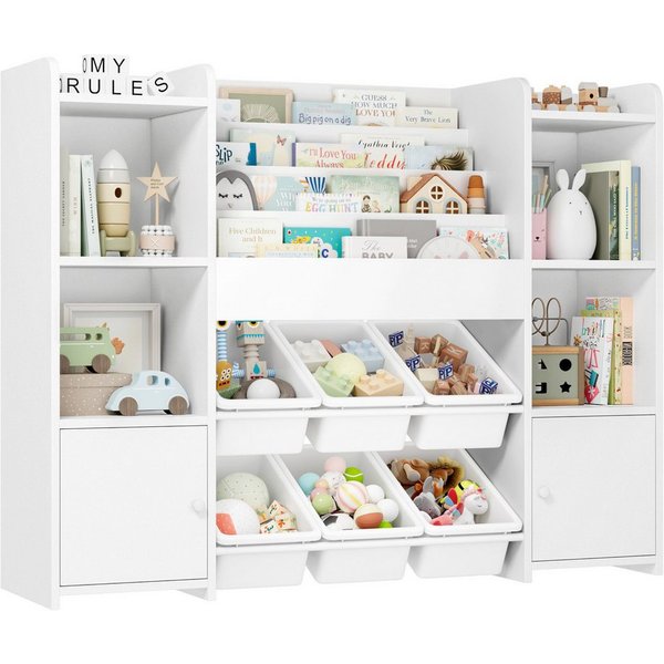 Homfa Kinderregal, Kinderbücherregal Spiegelregal mit 6 Boxen weiß 119x29x94 cm