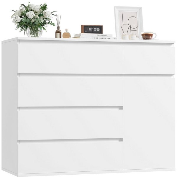 Homfa Kommode, weiß mit 5 Schubladen und 1Tür, Sideboard 100x80x40cm