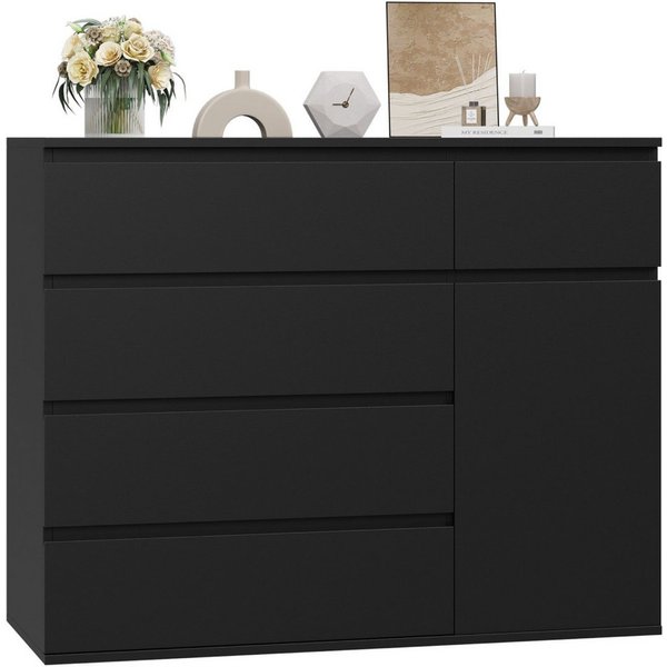 Homfa Kommode, schwarz mit 5 Schubladen und 1Tür, Sideboard 100x80x40cm