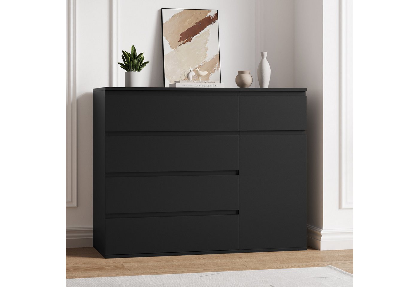 Homfa Kommode, schwarz mit 5 Schubladen und 1Tür, Sideboard 100x80x40cm – Bild 2 von 5