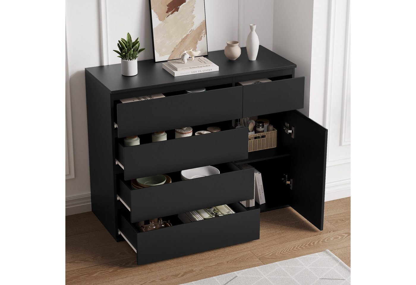 Homfa Kommode, schwarz mit 5 Schubladen und 1Tür, Sideboard 100x80x40cm – Bild 3 von 5