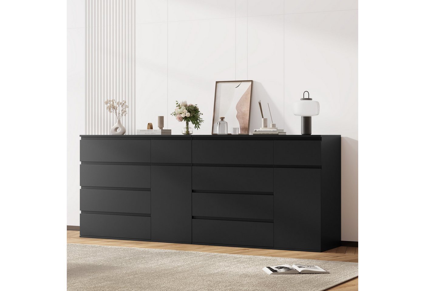 Homfa Kommode, schwarz mit 5 Schubladen und 1Tür, Sideboard 100x80x40cm – Bild 4 von 5