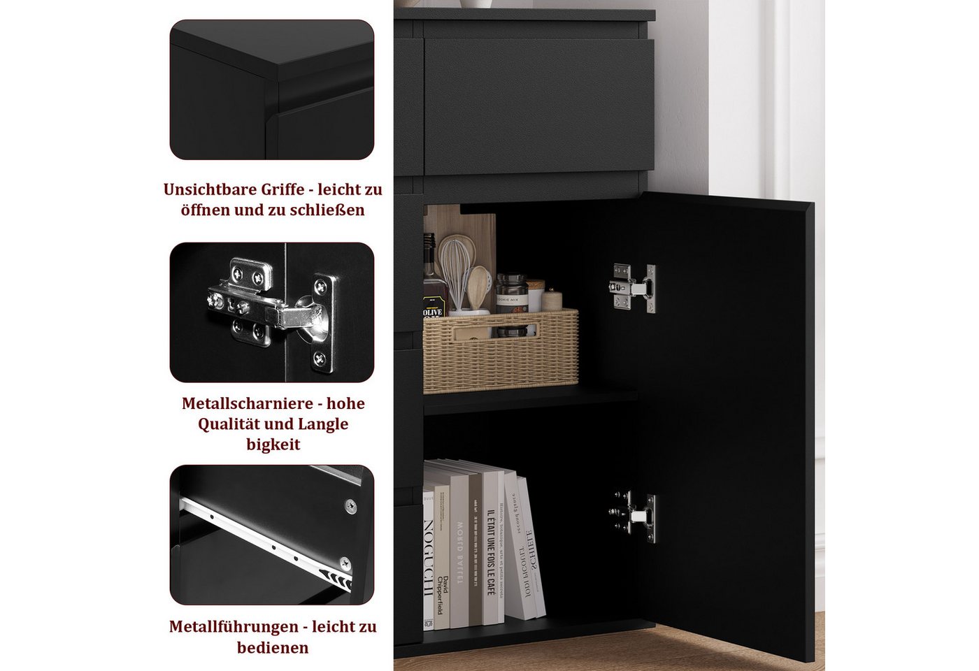 Homfa Kommode, schwarz mit 5 Schubladen und 1Tür, Sideboard 100x80x40cm – Bild 5 von 5