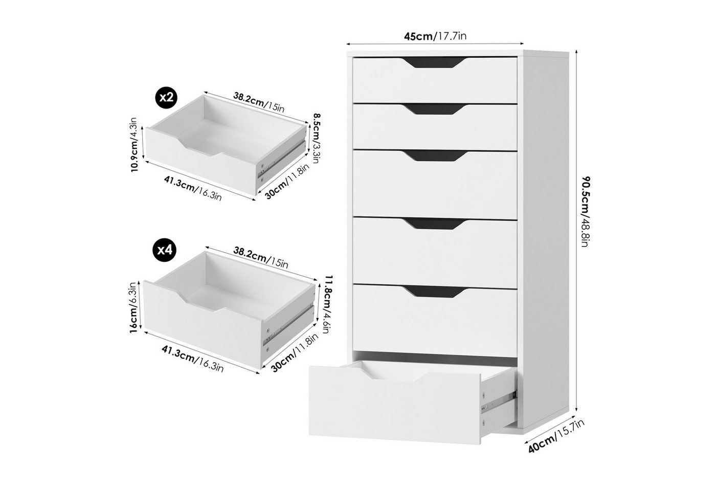 Homfa Kommode Schubladenschrank, Schubladenkommode, Aktenschrank, mit 6 Schubladen, 45x40x90,5 cm, Weiß – Bild 4 von 5