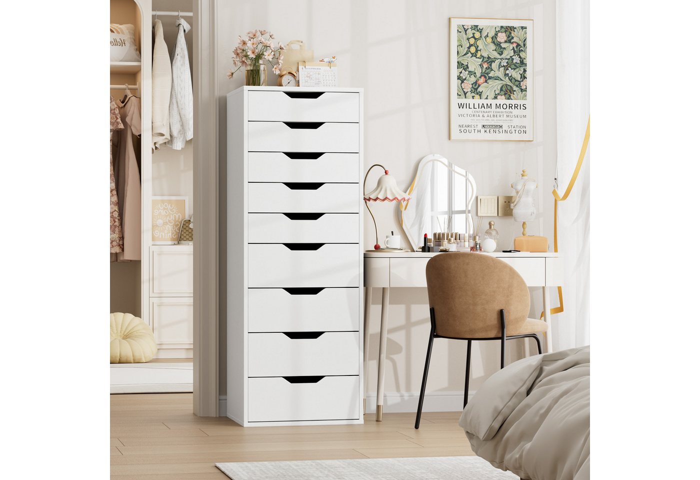 Homfa Kommode Schubladenschrank, Hochkommode, mit 9 Schubladen, schmal, weiß, 45x40x124cm – Bild 2 von 5