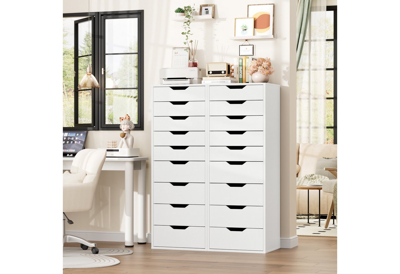 Homfa Kommode Schubladenschrank, Hochkommode, mit 9 Schubladen, schmal, weiß, 45x40x124cm – Bild 3 von 5