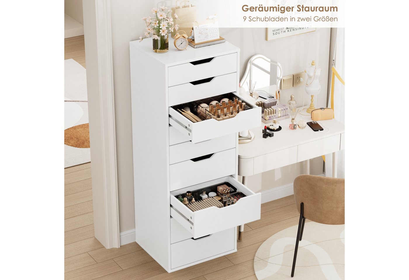 Homfa Kommode Schubladenschrank, Hochkommode, mit 9 Schubladen, schmal, weiß, 45x40x124cm – Bild 4 von 5