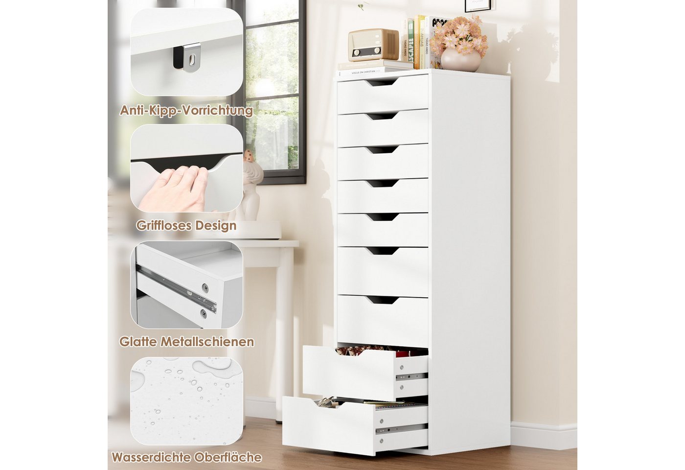 Homfa Kommode Schubladenschrank, Hochkommode, mit 9 Schubladen, schmal, weiß, 45x40x124cm – Bild 5 von 5