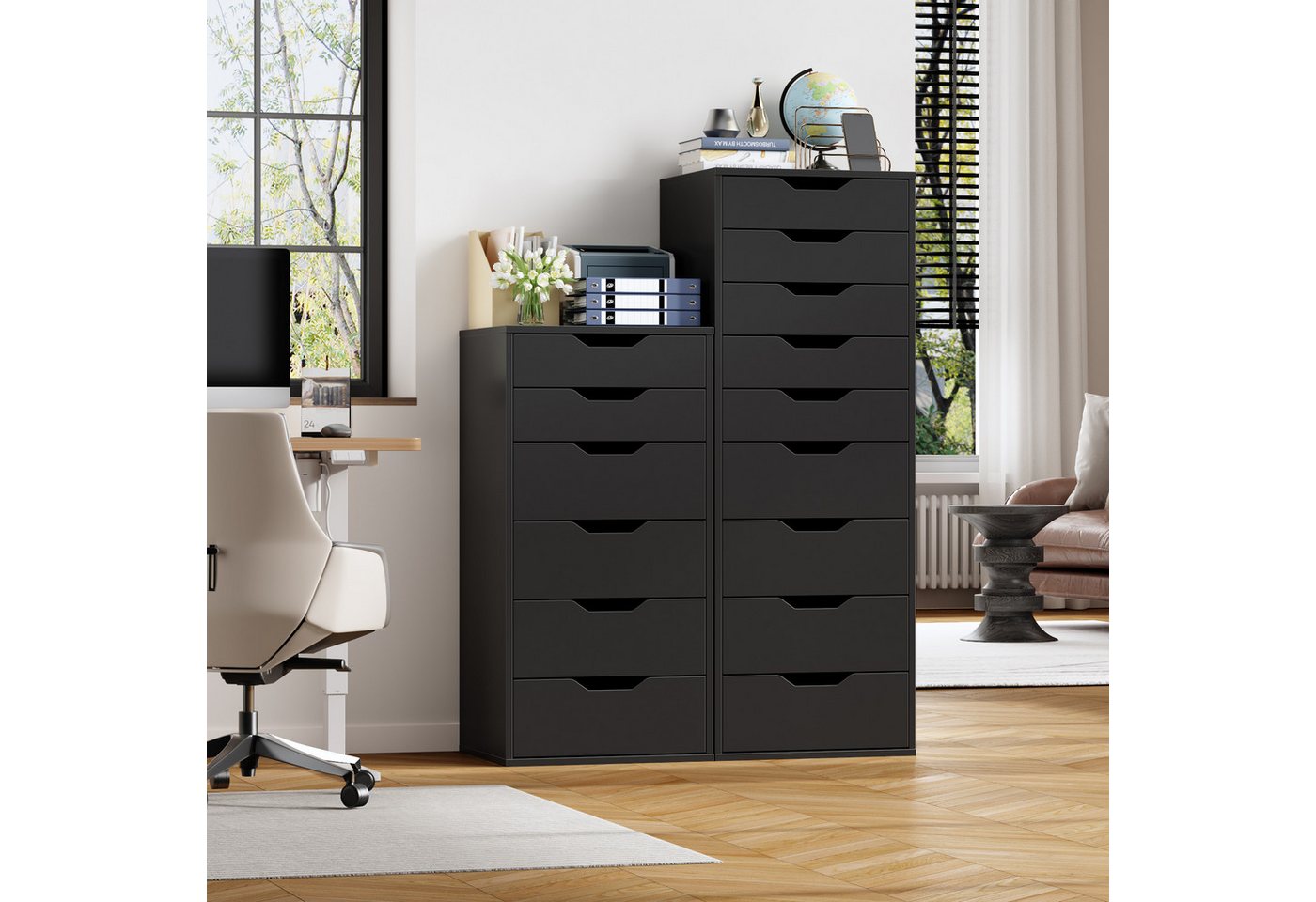 Homfa Kommode Schubladenschrank, Schubladenkommode, Aktenschrank, mit 6 Schubladen, 45x40x90,5 cm, Schwarz – Bild 2 von 5