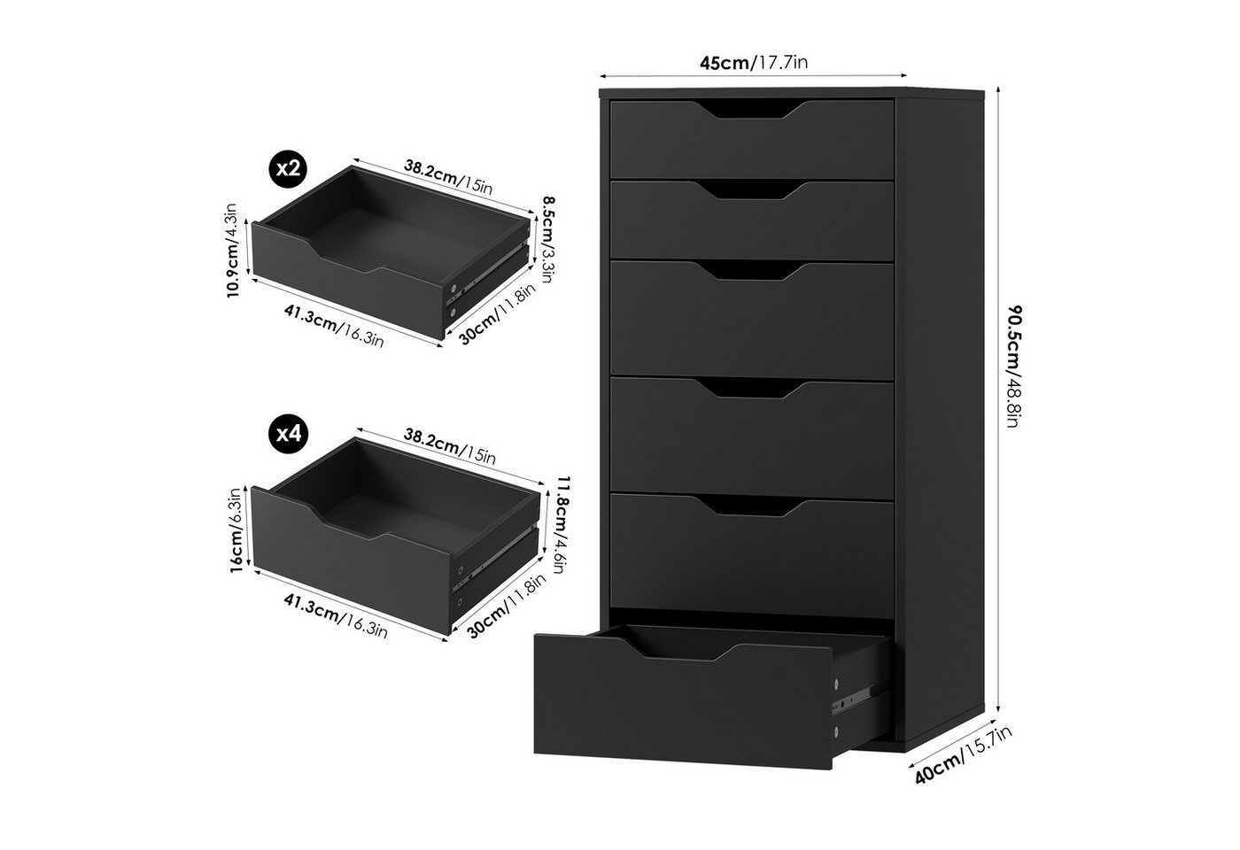 Homfa Kommode Schubladenschrank, Schubladenkommode, Aktenschrank, mit 6 Schubladen, 45x40x90,5 cm, Schwarz – Bild 4 von 5