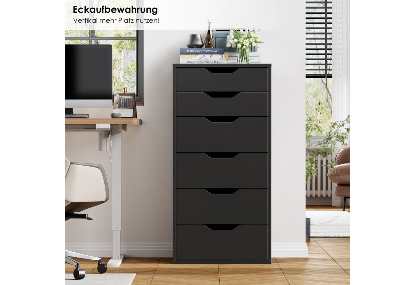 Homfa Kommode Schubladenschrank, Schubladenkommode, Aktenschrank, mit 6 Schubladen, 45x40x90,5 cm, Schwarz – Bild 5 von 5