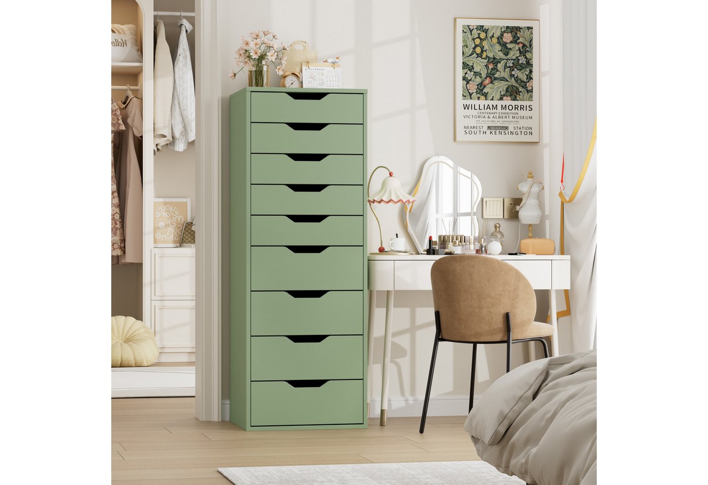 Homfa Kommode Schubladenschrank, Hochkommode, mit 9 Schubladen, schmal, grün, 45x40x124cm – Bild 2 von 5