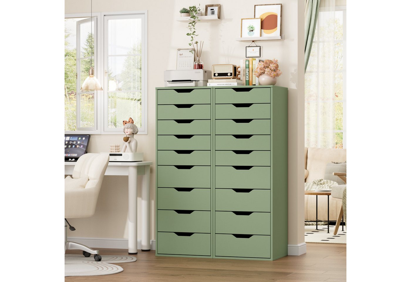 Homfa Kommode Schubladenschrank, Hochkommode, mit 9 Schubladen, schmal, grün, 45x40x124cm – Bild 3 von 5