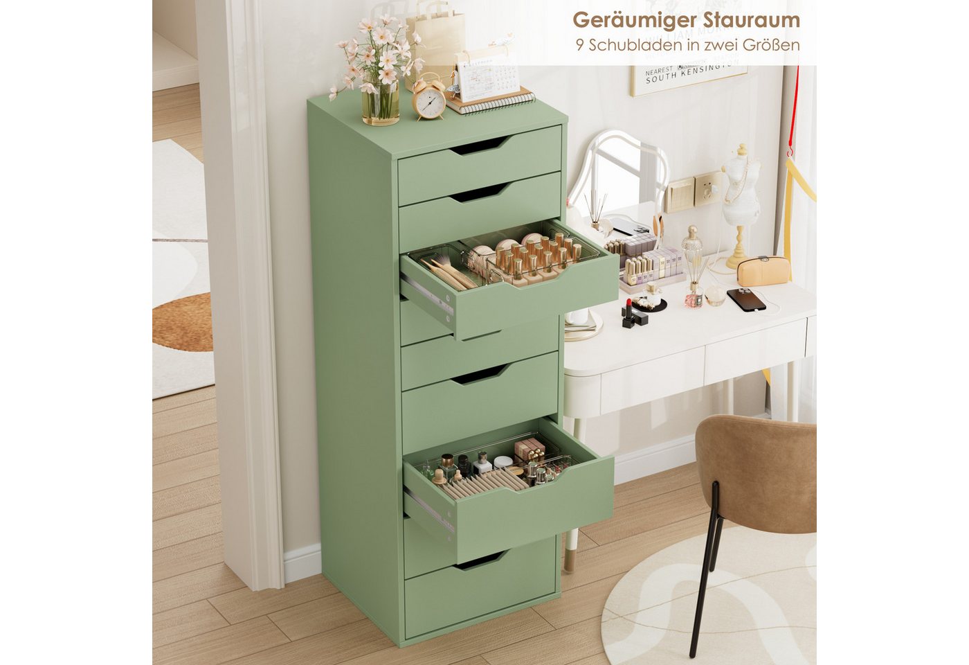 Homfa Kommode Schubladenschrank, Hochkommode, mit 9 Schubladen, schmal, grün, 45x40x124cm – Bild 4 von 5