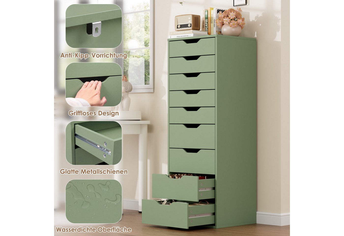 Homfa Kommode Schubladenschrank, Hochkommode, mit 9 Schubladen, schmal, grün, 45x40x124cm – Bild 5 von 5