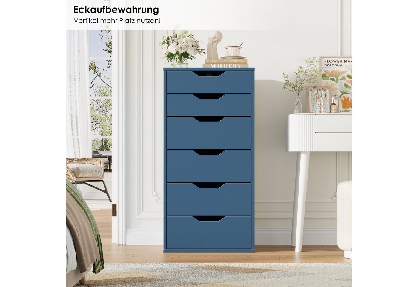 Homfa Kommode Schubladenschrank, Schubladenkommode, Aktenschrank, mit 6 Schubladen, 45x40x90,5 cm, Blau – Bild 5 von 5